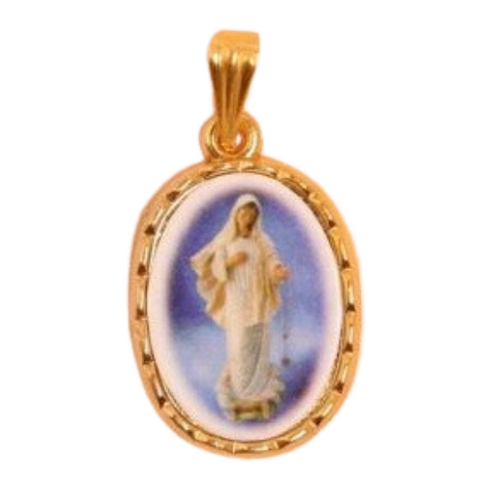 MEDAL OUR LADY OF MEJUGORJE GILT EDGE COLOURED IMAGE 20MM OVAL **Limited Stock**