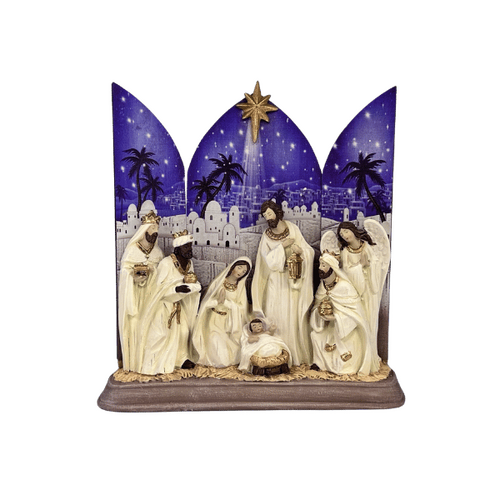 NATIVITY SCENE WHITE ON BLUE BACKGROUND