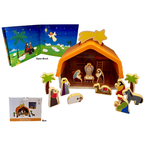 CHILDRENS NATIVITY SET WOODEN WITH BOOK