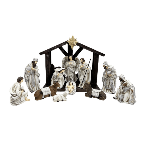 NATIVITY SET & STABLE - 200MM 11PCS SILVER