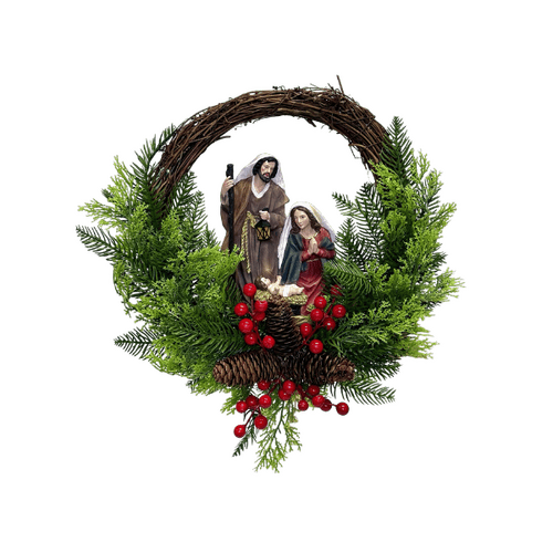 CHRISTMAS WREATH WITH HOLY FAMILY & BERRIES 300MM