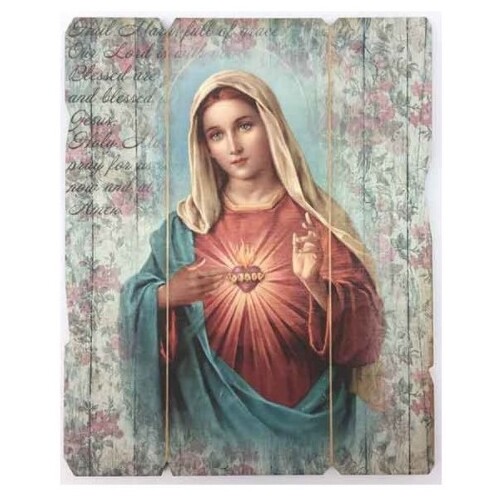 WOODEN PLAQUE VINTAGE IMMACULATE HEART OF MARY