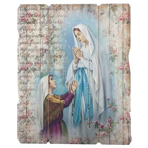 WOODEN PLAQUE VINTAGE OUR LADY OF LOURDES