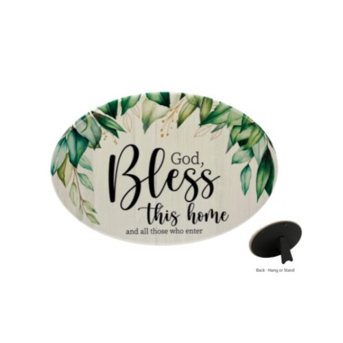 PLAQUE OVAL CERAMIC - GOD BLESS THIS HOME - GREENERY
