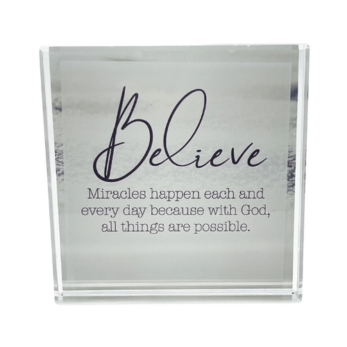 CRYSTAL PAPERWEIGHT BLOCK BELIEVE