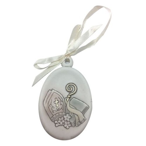 CONFIRMATION OVAL ORNAMENT RESIN WITH RIBBON