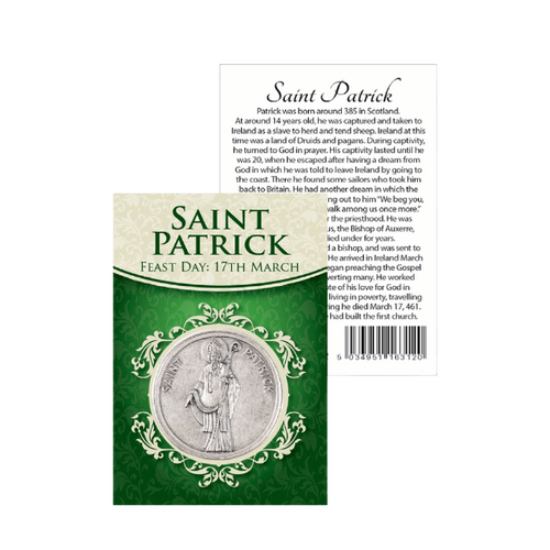 ST PATRICK POCKET TOKEN AND LEAFLET  BIOGRAPHY - 75 X 50MM