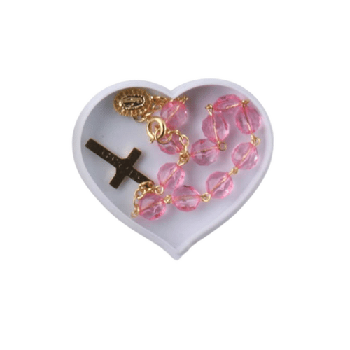 ROSARY BRACELET WITH PINK BEADS IN HEART SHAPED BOX