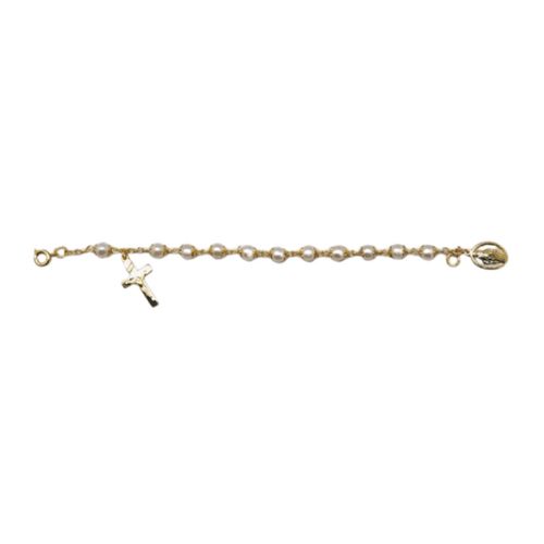 ROSARY BRACELET WITH IMITATION, GOLD CAPED, PEARL BEADS AND A MIRACULOUS MEDAL