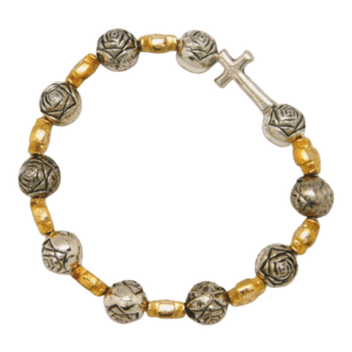 ROSARY BRACELET SILVER AND GOLD ROSE BEAD