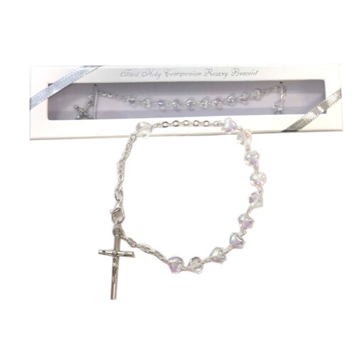 COMMUNION ROSARY BRACELET GIFT BOXED GLASS HEARTS 