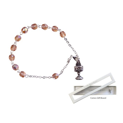 COMMUNION ROSARY BRACELET GIFT BOXED PINK GLASS