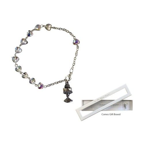 COMMUNION ROSARY BRACELET GIFT BOXED GLASS HEARTS