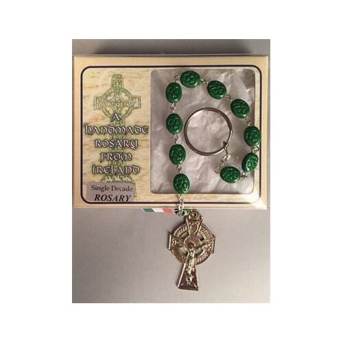 ROSARY DECADE WITH CELTIC CROSS AND GREEN, SHAMROCK ENGRAVED BEADS