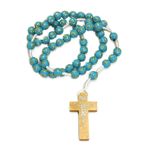 WOOD CORD ROSARY GOLD CROSS BLUE