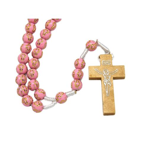 WOOD CORD ROSARY GOLD CROSS PINK