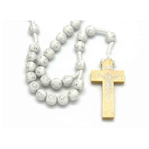 WOOD CORD ROSARY GOLD CROSS WHITE