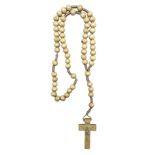 ROSARY WITH NATURAL WOOD BEADS AND ROPE CORD