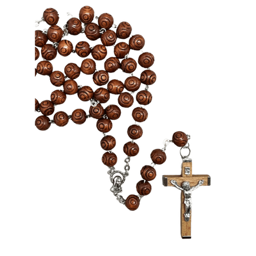 ROSARY BEADS LARGE WITH BROWN WOOD CARVED BEAD