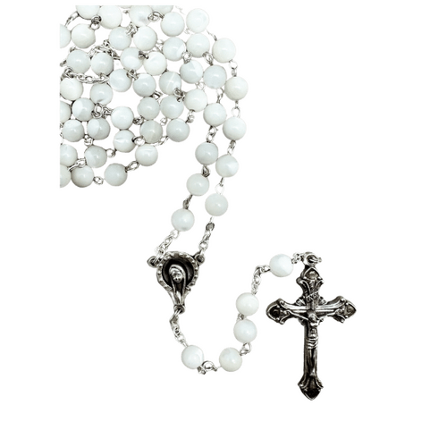 ROSARY WITH GENUINE MOTHER OF PEARL BEADS WHITE