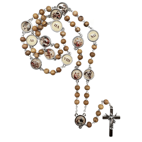 ROSARY WOOD WITH METAL STATIONS OF THE CROSS