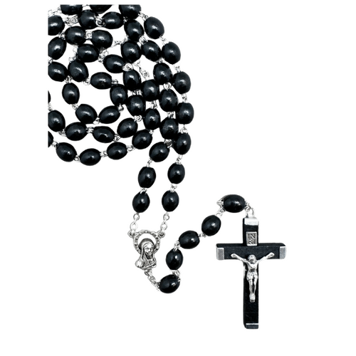 ROSARY BOXED WITH BLACK WOOD BEADS