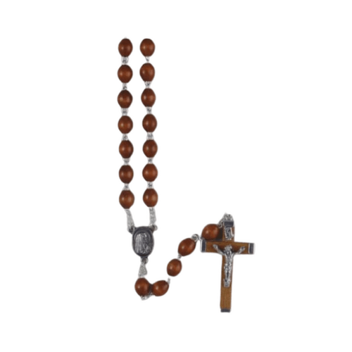 ROSARY BOXED WITH BROWN WOOD BEADS