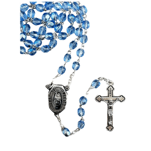 ROSARY WITH CRYSTAL BEADS AND LOURDES WATER BLUE