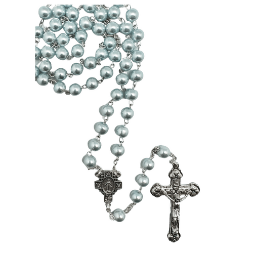 ROSARY WITH IMITATION PEARL BEADS BLUE