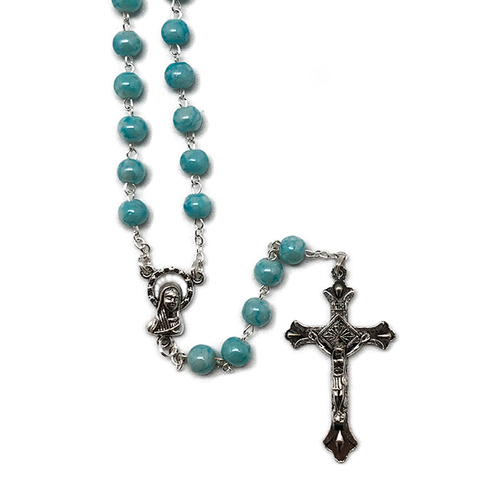 ROSARY MARBLED GLASS TURQUOISE BLUE 6MM