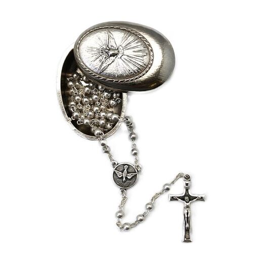 CONFIRMATION METAL ROSARY IN SILVER CASE