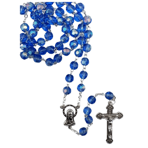 ROSARY BEADS GLASS WITH 6MM BLUE BEAD BOXED