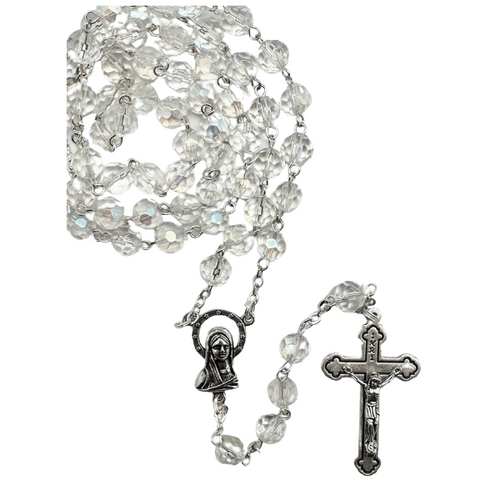 ROSARY BEADS GLASS WITH 6MM CLEAR BEAD BOXED