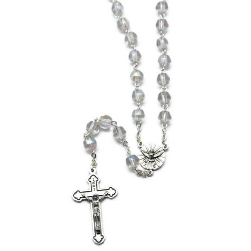 ROSARY BEADS GLASS WITH 6MM CLEAR BEAD CONFIRMATION BOXED
