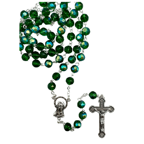 ROSARY BEADS GLASS WITH 6MM GREEN BEAD BOXED