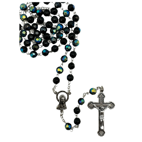 ROSARY BEADS GLASS WITH 6MM BLACK BEAD BOXED