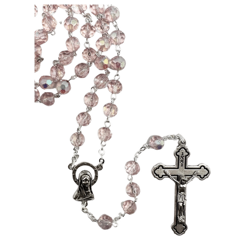 ROSARY BEADS GLASS WITH 6MM PINK BEAD BOXED