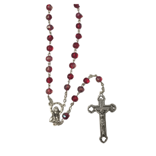 ROSARY BEADS GLASS WITH 6MM RUBY BEAD BOXED