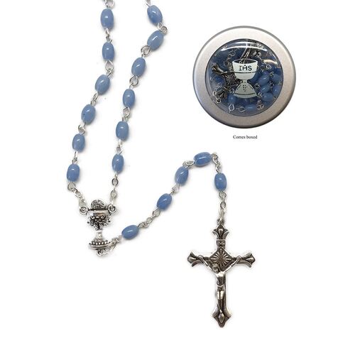 COMMUNION IMITATION BLUE MOTHER OF PEARL ROSARY 