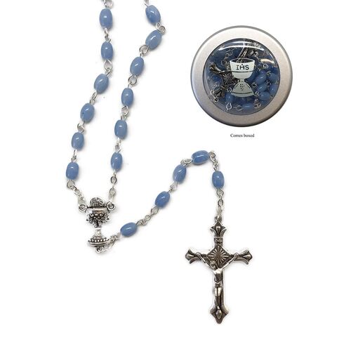 COMMUNION IMITATION BLUE MOTHER OF PEARL ROSARY