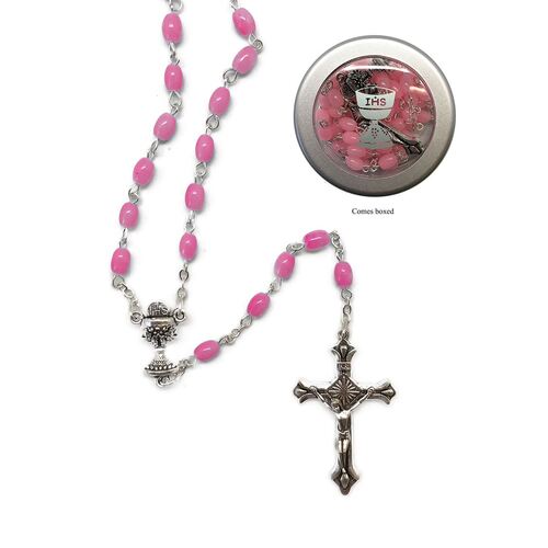 COMMUNION IMITATION PINK MOTHER OF PEARL ROSARY 