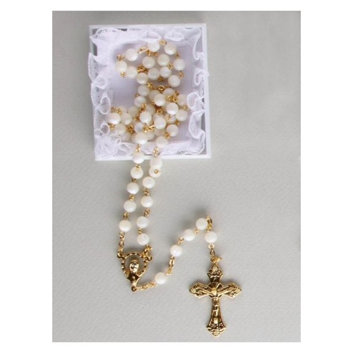 ROSARY WITH 6MM GENUINE MOTHER OF PEARL BEADS WHITE