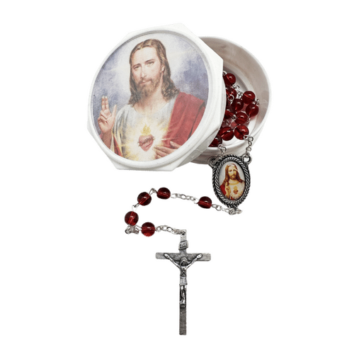 GLASS BOXED ROSARY SACRED HEART JESUS