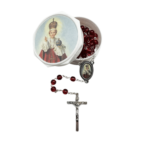 GLASS BOXED ROSARY INFANT OF PRAGUE