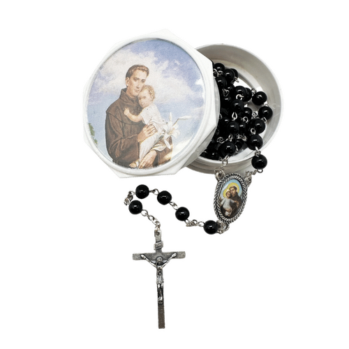 GLASS BOXED ROSARY ST ANTHONY