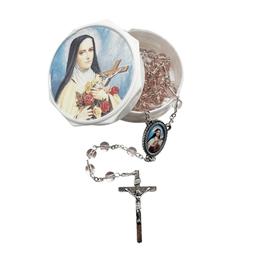GLASS BOXED ROSARY ST THERESE