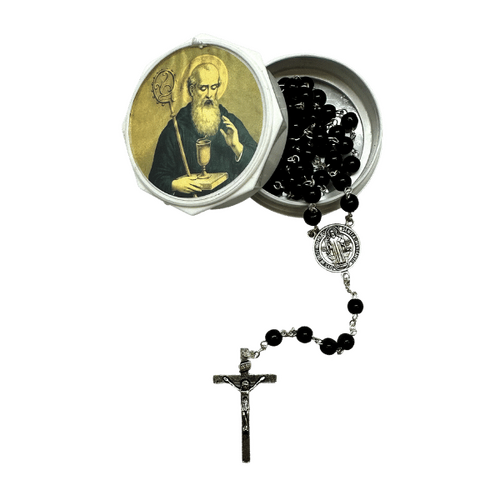 GLASS BOXED ROSARY ST BENEDICT