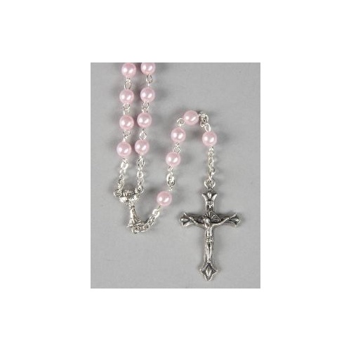 IMITATION MOTHER OF PEARL PINK COMMUNION ROSARY 