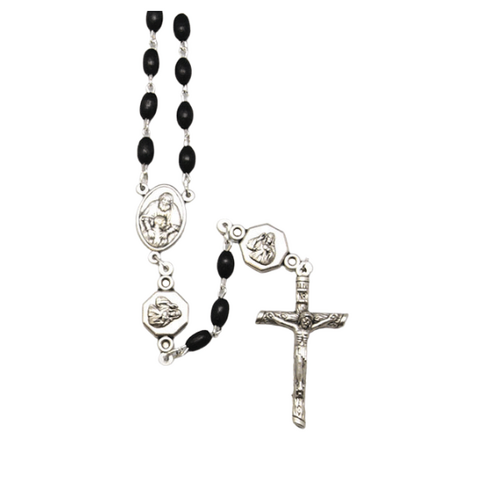 ROSARY WITH SACRED HEART OF JESUS & PADRE PIO - BLACK WOOD BEADS