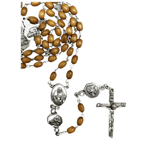 ROSARY WITH SACRED HEART OF JESUS AND PADRE PIO BROWN WOOD BEADS